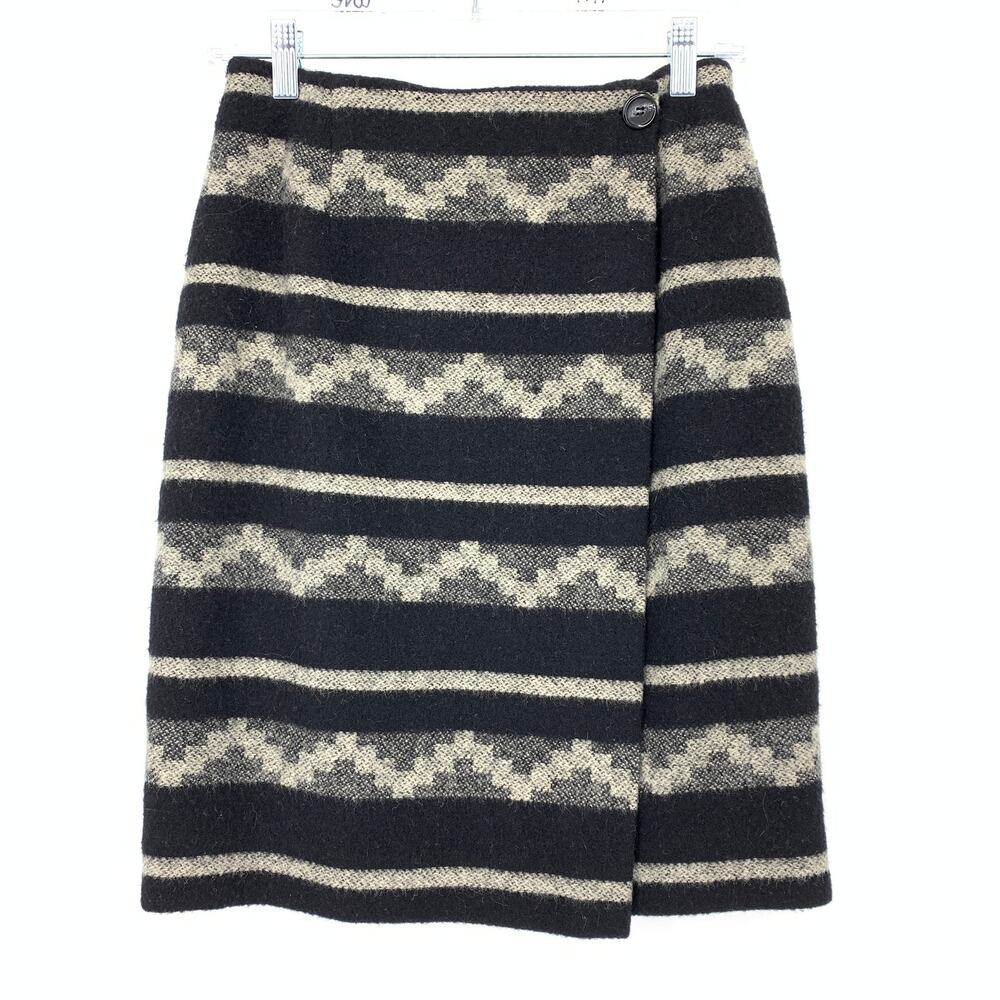 VTG Jones New York Wrap Skirt Apx Sz 27" US 4 Black Gray Striped Tribal Print